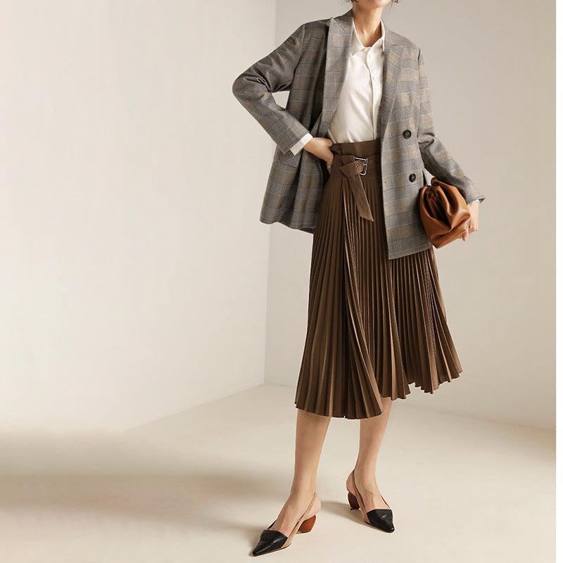 Small people wear high-waisted pleated skirt women's midi skirt