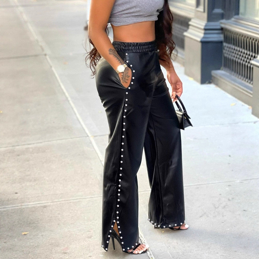 Solid Color Rhinestone Pocket Casual Loose Wide Leg Pants PU Leather Pants