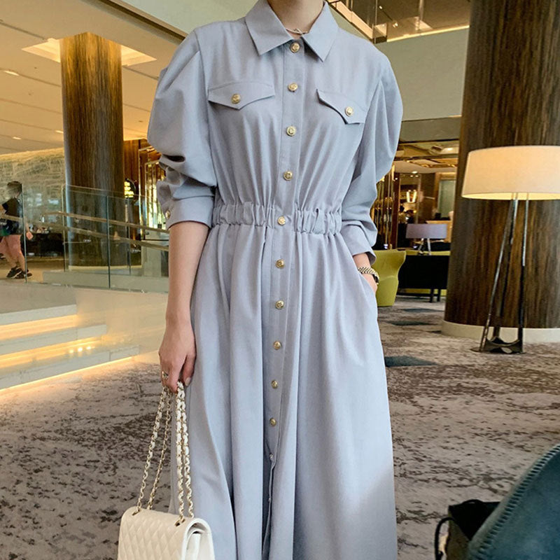 Gentle Simple Lapel Single Breasted Pleated Waist Dress