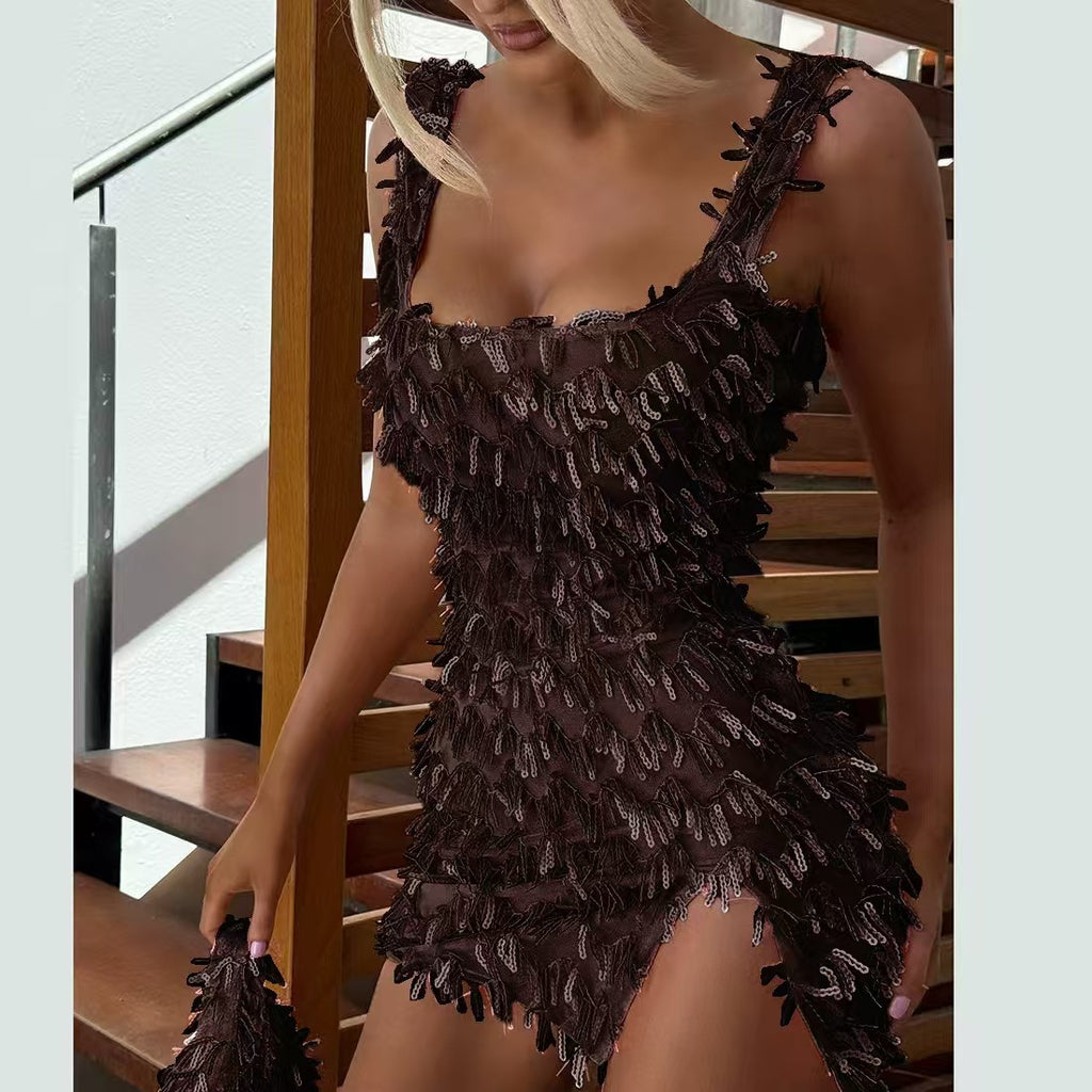 Off-the-shoulder Strap Hip Skirt Split Furry Dress