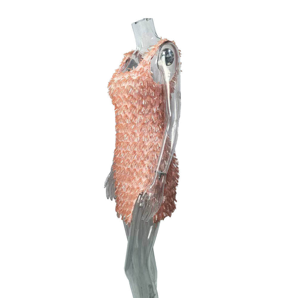 Off-the-shoulder Strap Hip Skirt Split Furry Dress