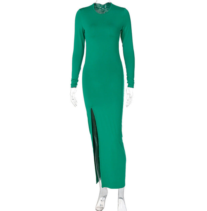 Back Long Sleeve Slit Pleated Midi Dress
