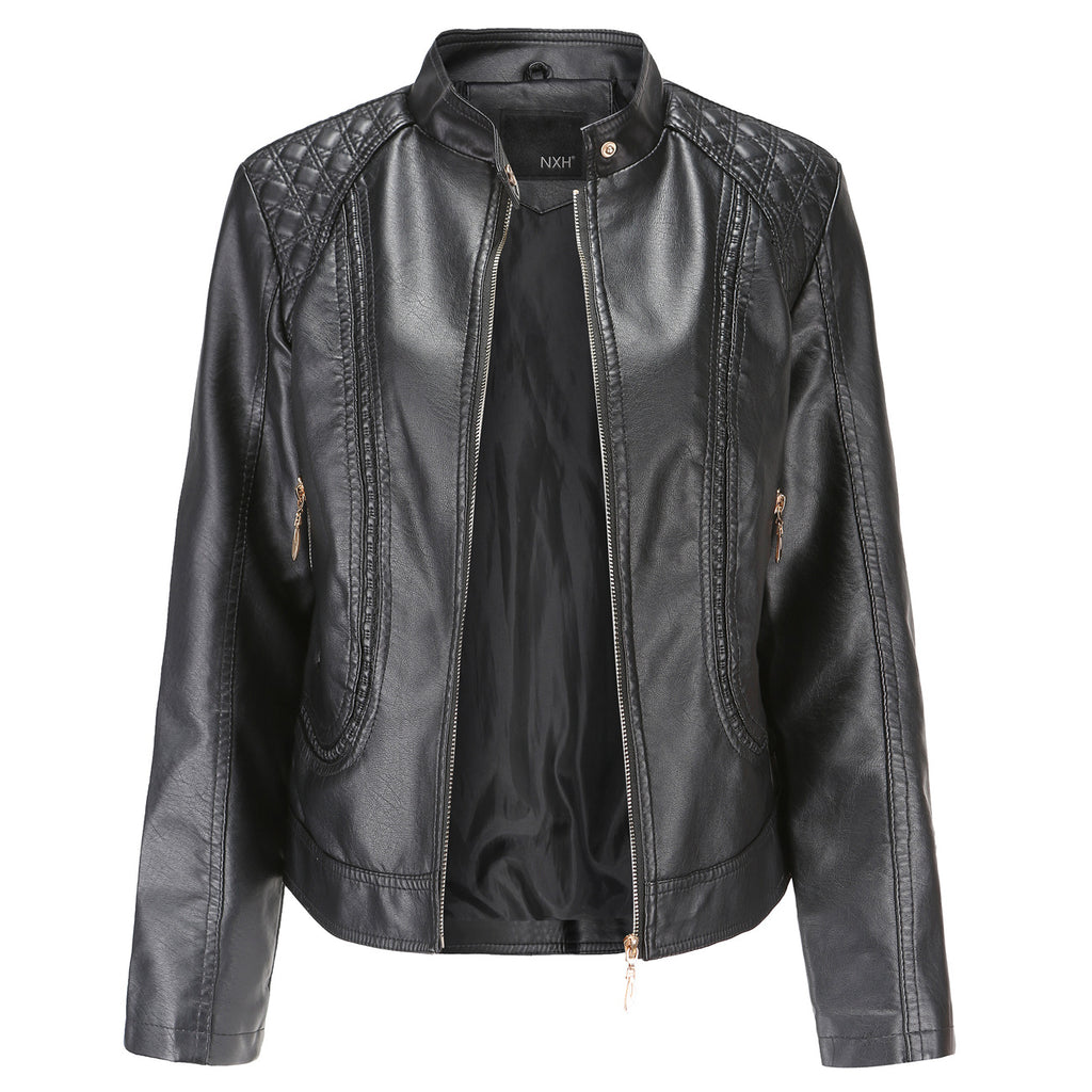 Women's stand collar PU leather jacket