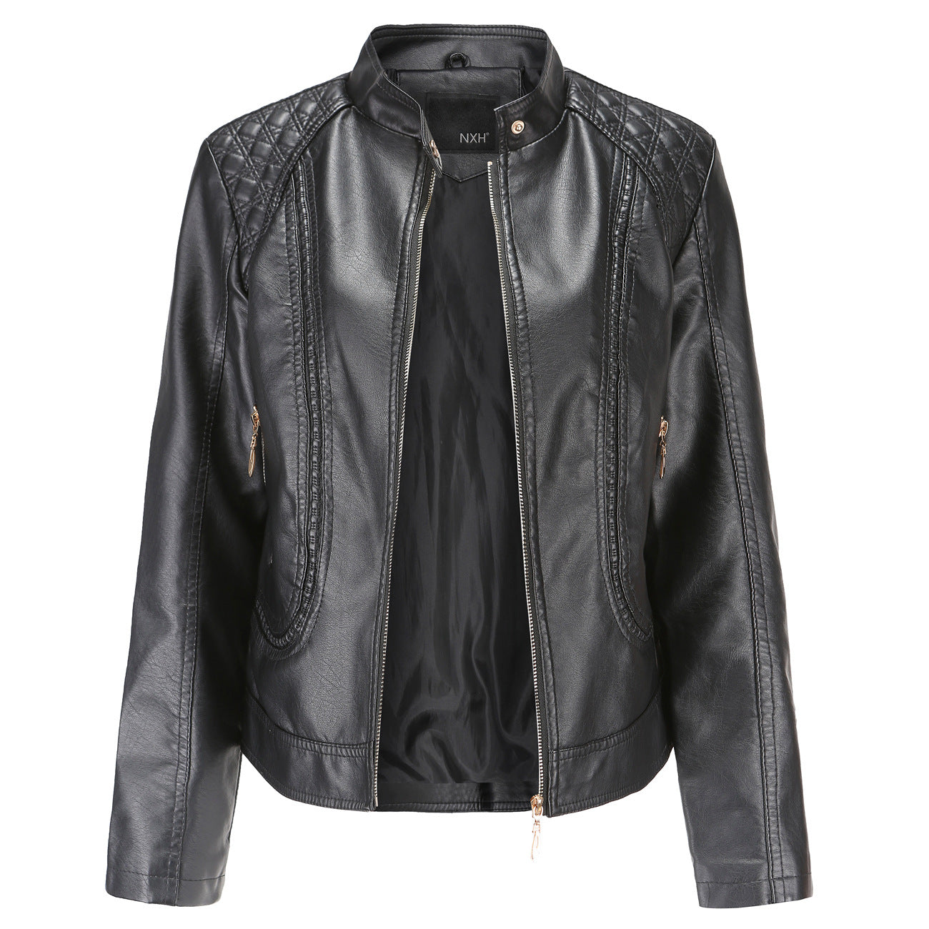 Women's stand collar PU leather jacket