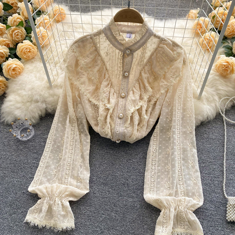 Women's Stand Collar Ruffle Lace Long Sleeve Shirt