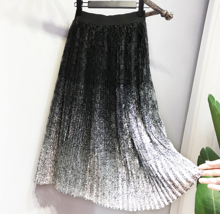 Slim Pleated Metallic Midi Skirt