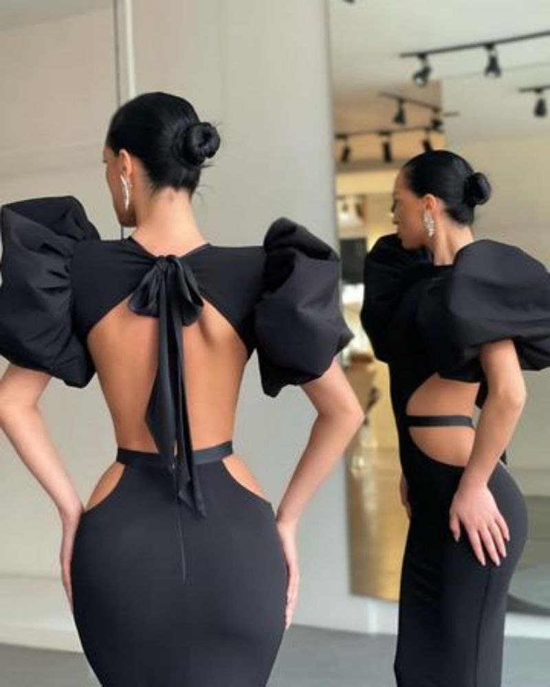 Hip-wrapped Dress Puff Sleeve Banquet Evening Dress