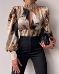 Spring Stand Collar Long Sleeve Lantern Sleeve Open Back Hollow Top Shirt