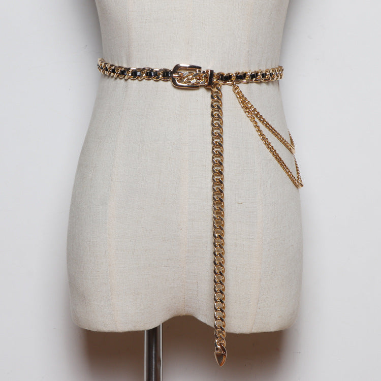 Women's Fine Decorative Jeans With Metal Braided Waist Chain