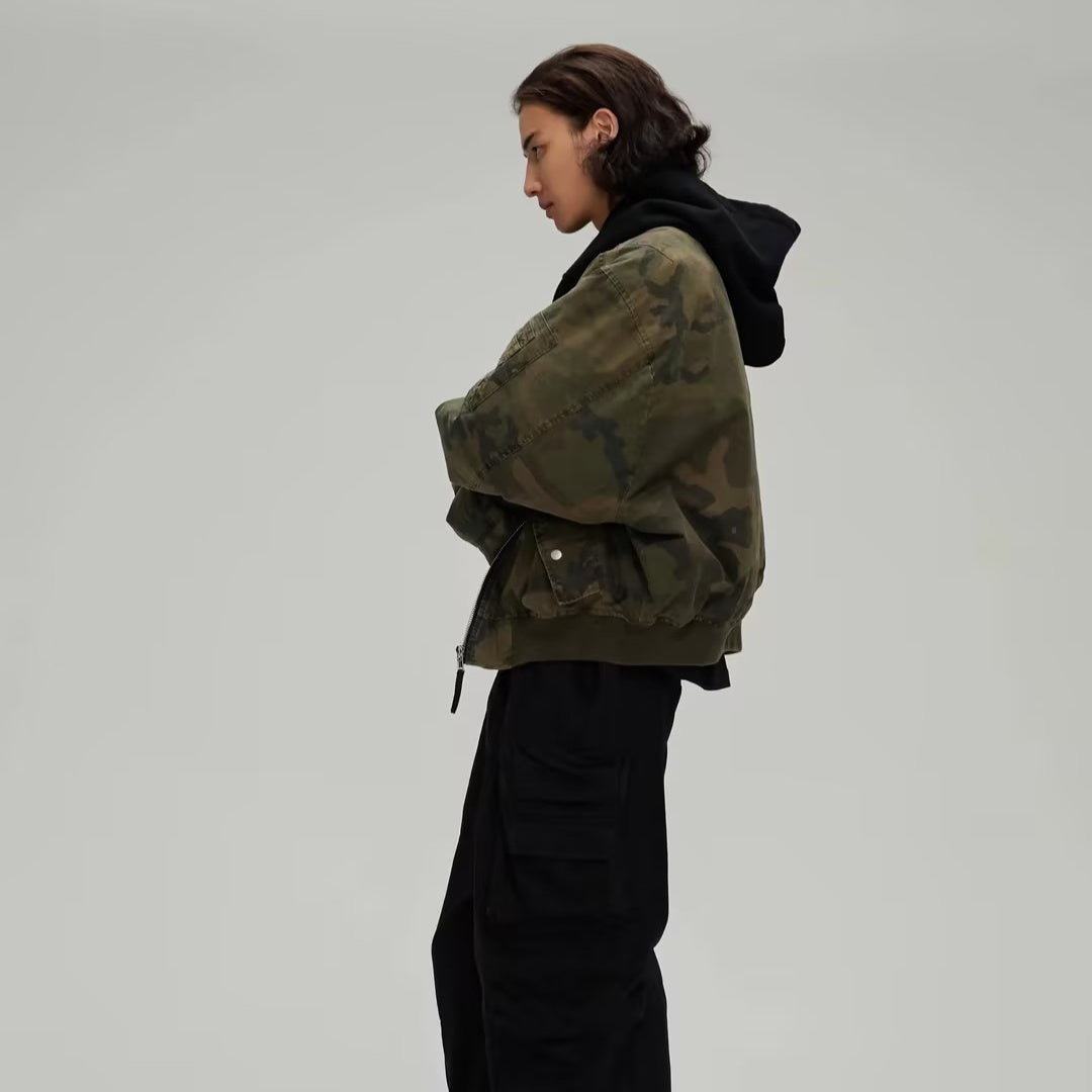 Leisure Washed-out Distressed Camouflage Fake Two-piece Cotton-padded Jacket