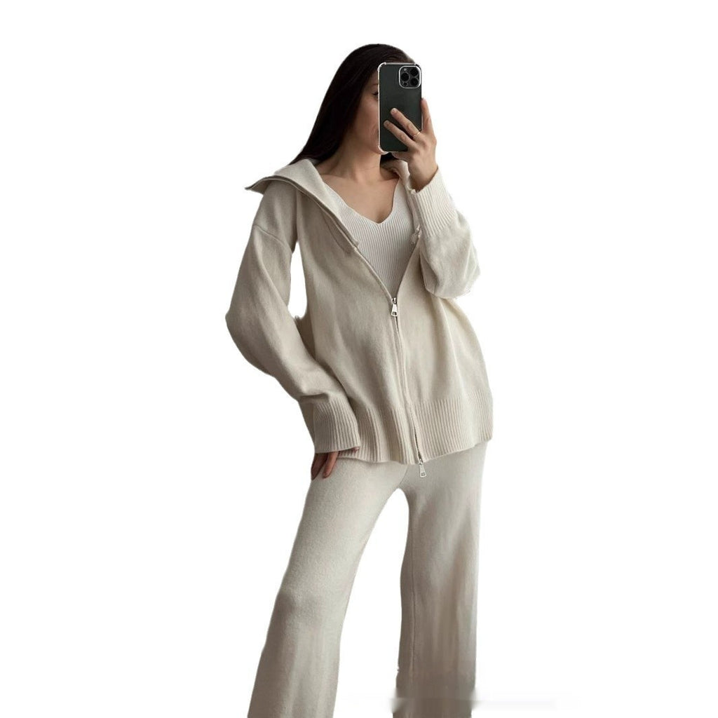 Loose Knitted Sweater Suit Women's Zipper Cardigan Outerwear Wide Leg Pants