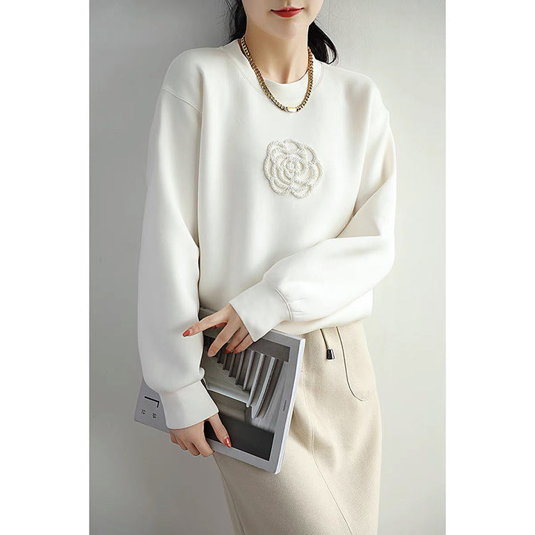 Loose Classic Style Three-dimensional Camellia Round Neck Sweater For Women