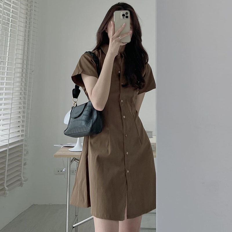 Single Breasted Waist Closing Thin Short Sleeved Shirt Small Dress