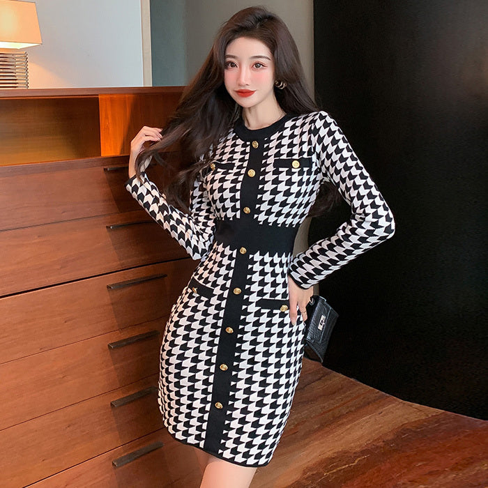 Check Colorblock Single Breasted Knit Pack Hip Dress
