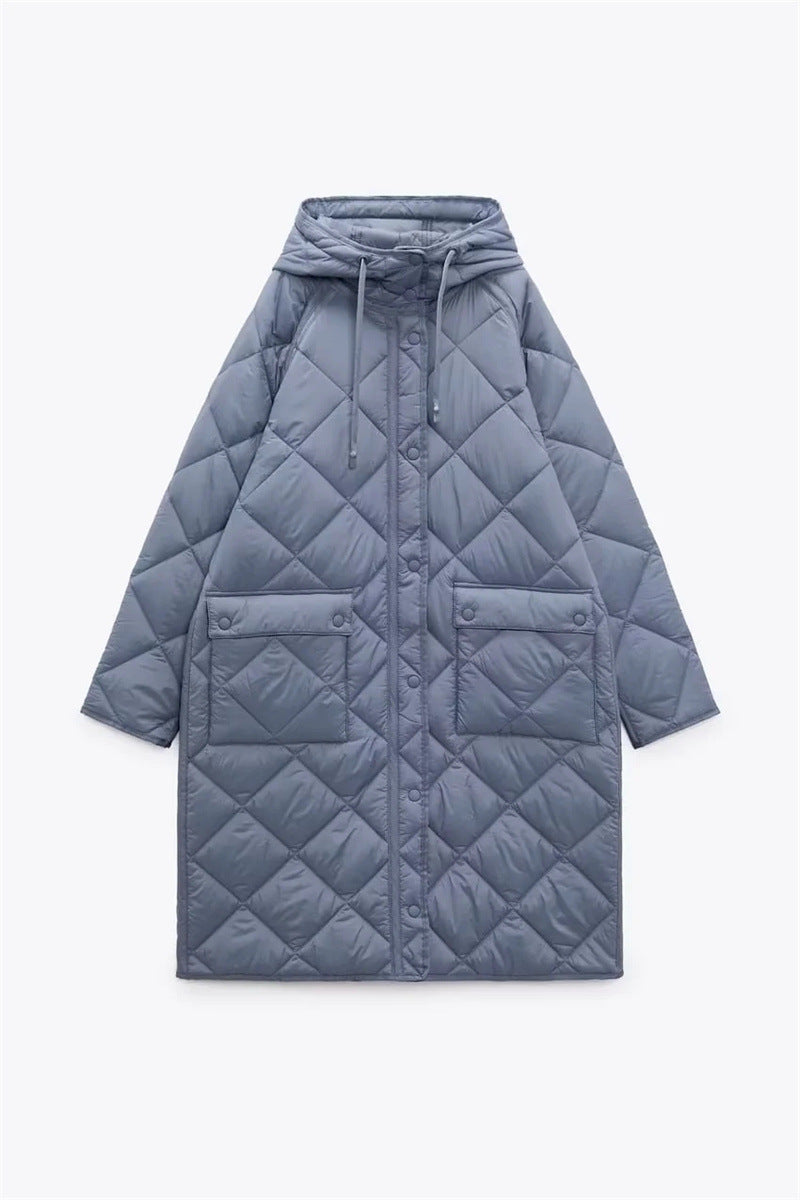 Korean Style Long Version Rhombus Hooded Cotton Jacket
