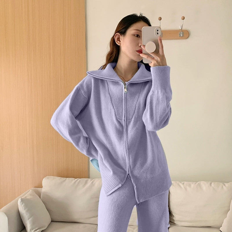 Loose Knitted Sweater Suit Women's Zipper Cardigan Outerwear Wide Leg Pants