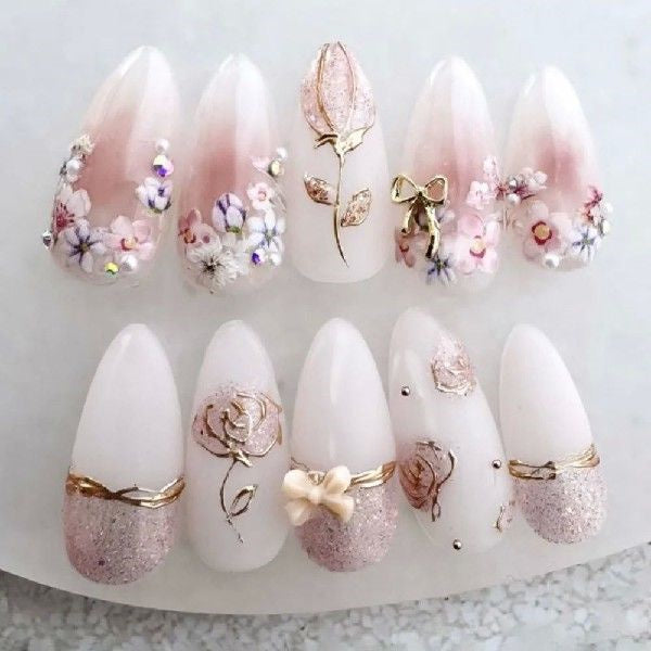 24pcs Manicure Long Almond False Nails Flowers Aurora