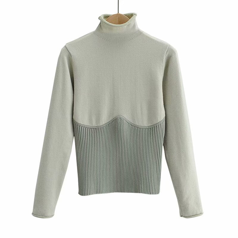 Winter Patchwork Turtleneck Knit Sweater Long Sleeve Pronounced Seam Slim Pullover Female Chic Knitted Top