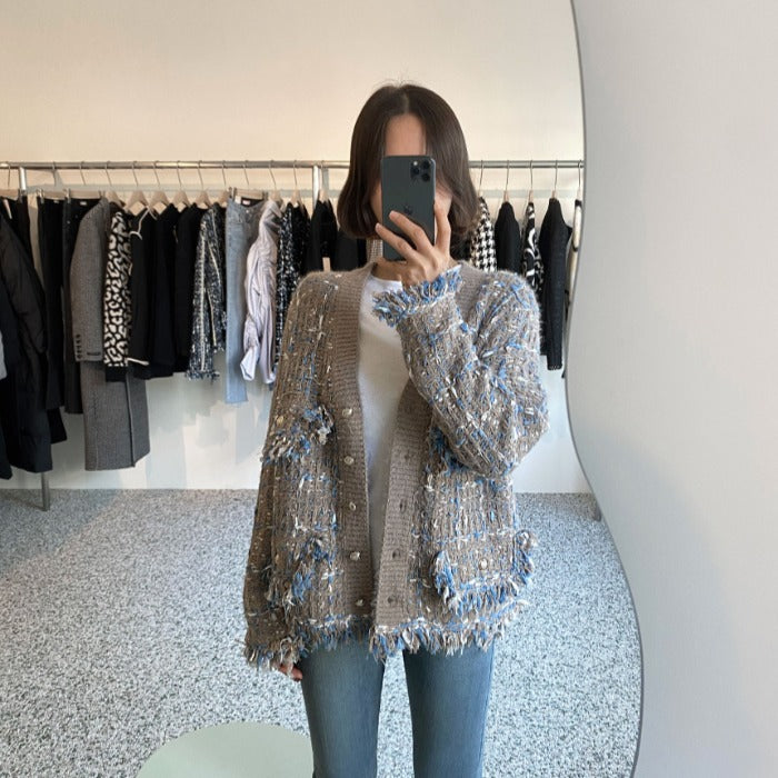 Women's Knitted Fringed Fringe Melange Sweater Coat