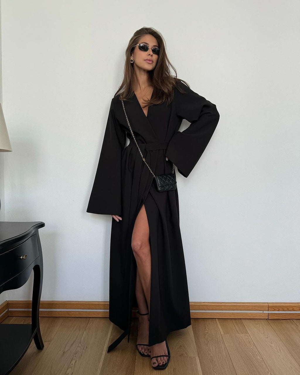 Long Slit Long Sleeve Lace-up Dress