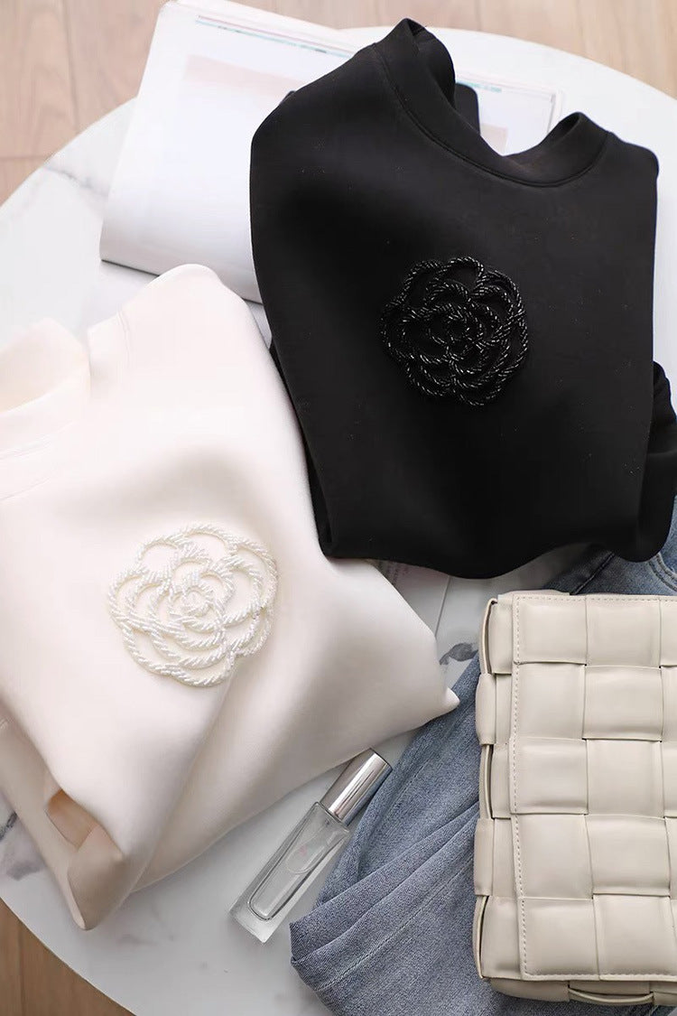 Loose Classic Style Three-dimensional Camellia Round Neck Sweater For Women