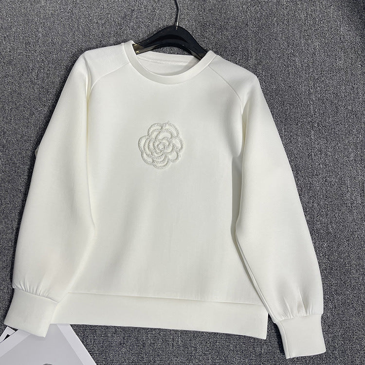 Loose Classic Style Three-dimensional Camellia Round Neck Sweater For Women