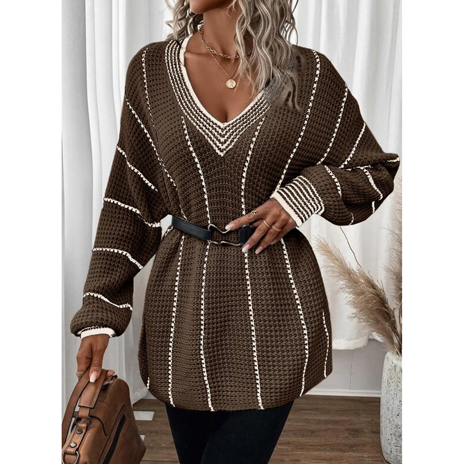 Autumn And Winter Knitted V-neck Striped Sweater