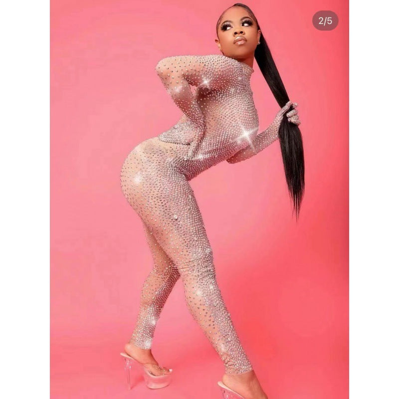 Cross Diamond Stretch Tight Jumpsuit European And American Bar DS Costume Dance