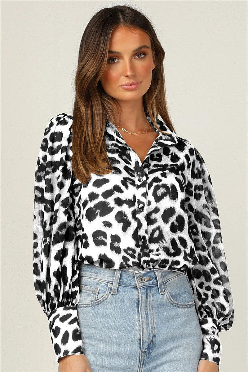European And American Women's Leopard Print Fashion Casual Shirt Lapel Single Breasted