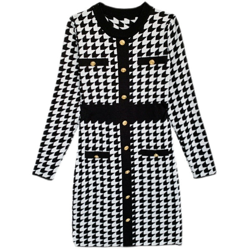 Check Colorblock Single Breasted Knit Pack Hip Dress