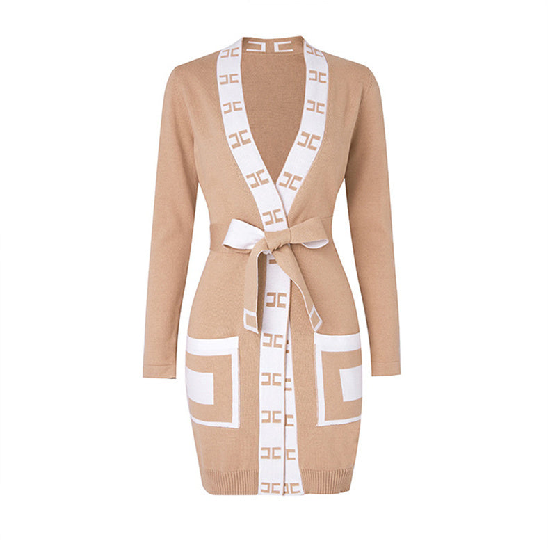 Autumn New Color Contrast Letter Lace-up Cardigan Bathrobe-type Knitted Dress Coat