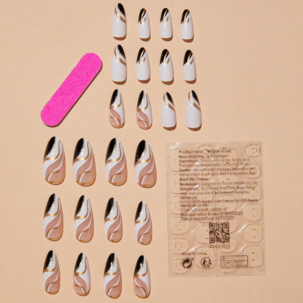 Golden Ripples Almond-shaped French Edge Nail Sticker