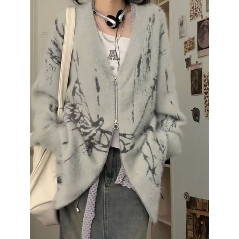Printed Sweater Coat Mink-like Cut Loose Casual