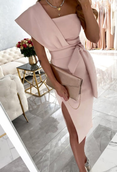 One Shoulder Slit Bandeau Party Dress