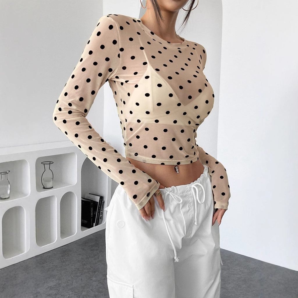 Design Sense See-through Dot Slim Mesh Round Neck Long Sleeve T-shirt