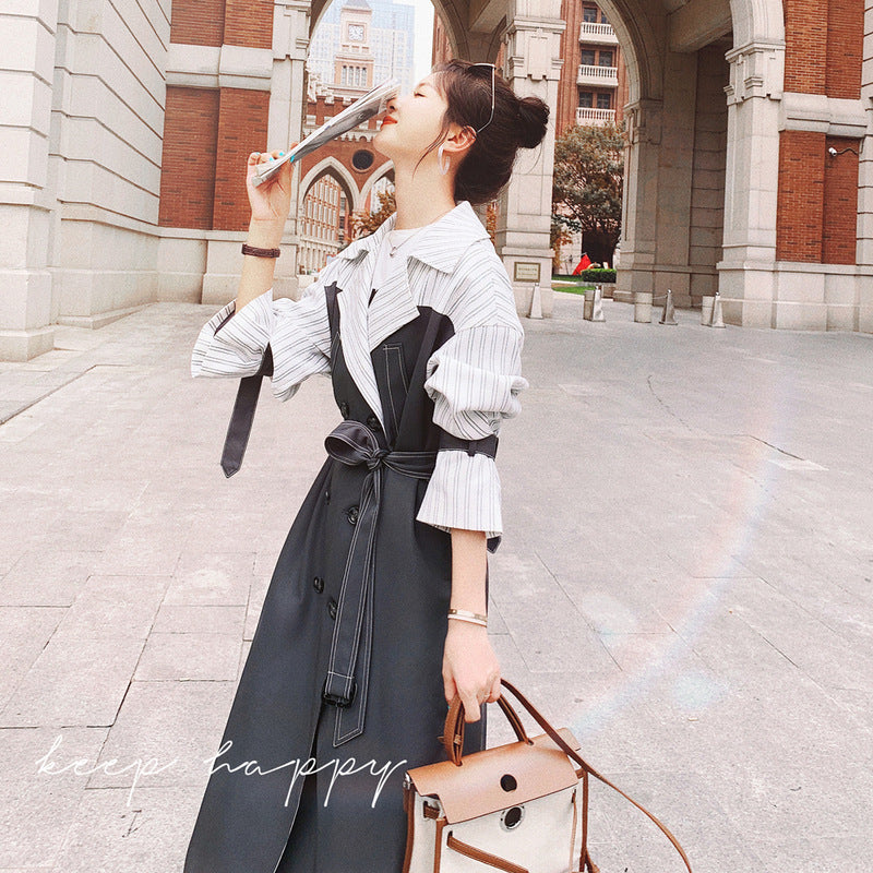 Striped Stitching Mid-length Windbreaker Women