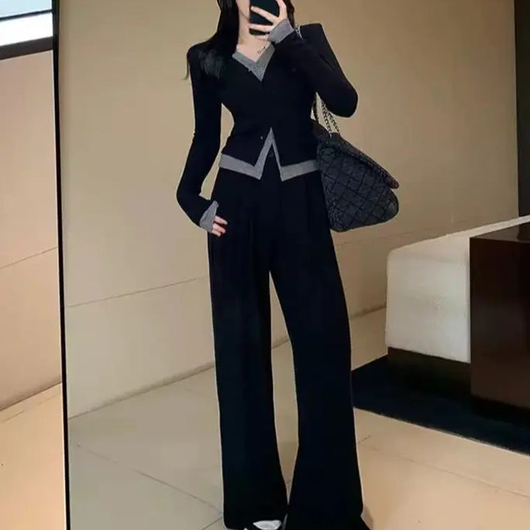 Plus Size Women's Fake Two-piece Top High Waist Wide Leg Pants Two-piece Set