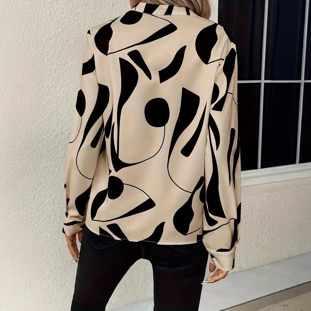 Women's Printed Notched Collar Shirt Long Sleeve