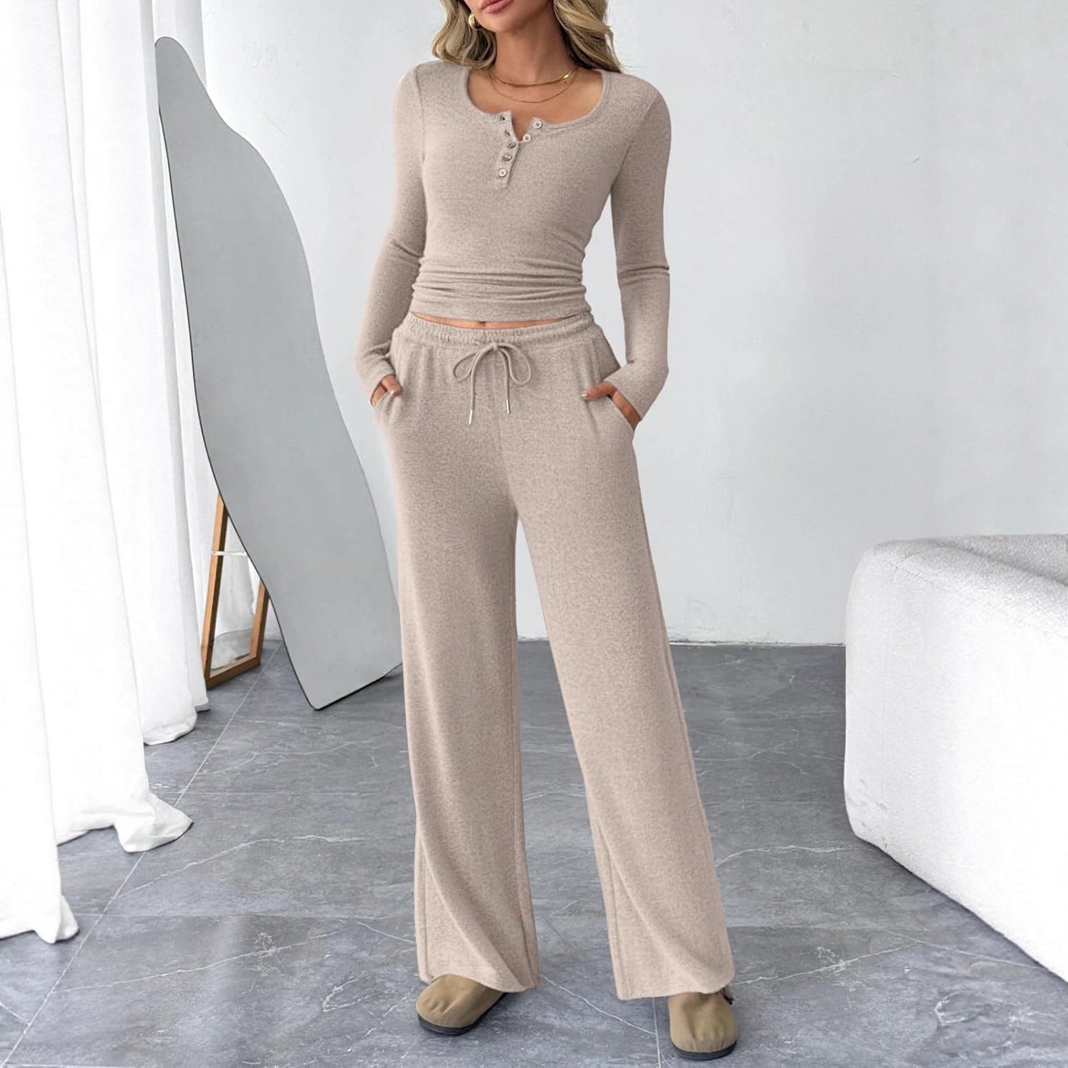 Two-piece Set Women's Long-sleeve Blouse Wide Leg Pants Fashion Casual Set