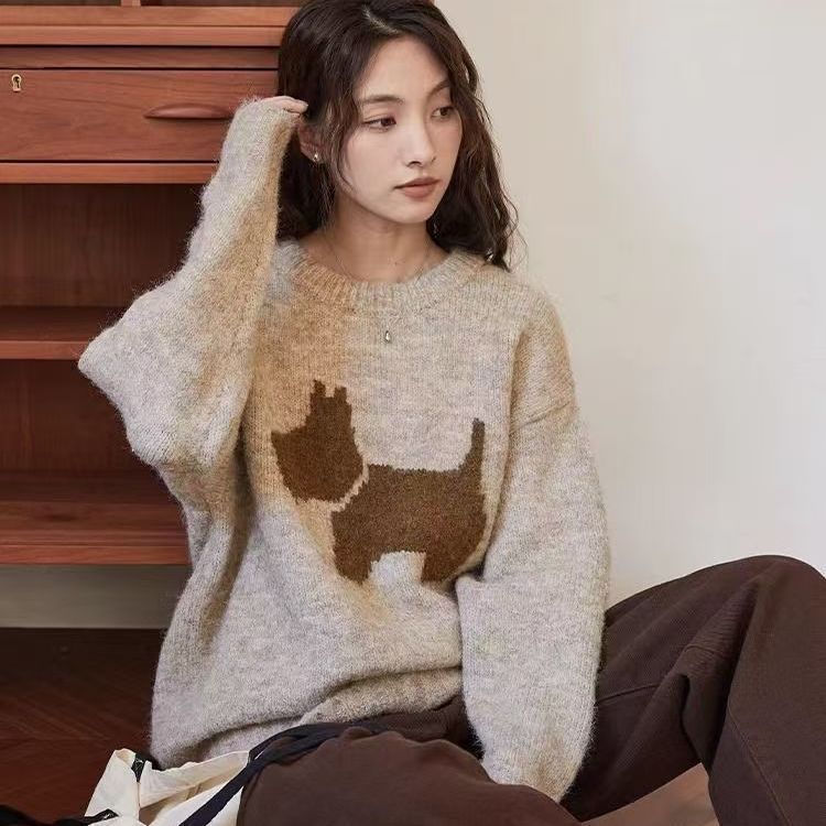 Idle Style Round Neck Loose Puppy Pattern Pullover Sweater For Women