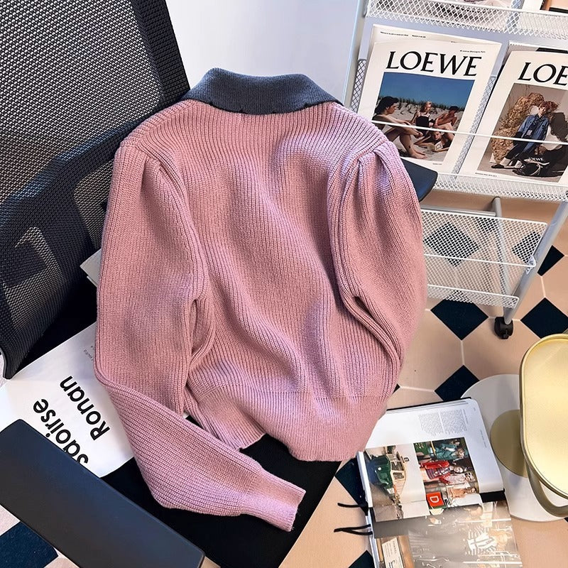 Fashionable Simple Breasted Lapel Short Sweater