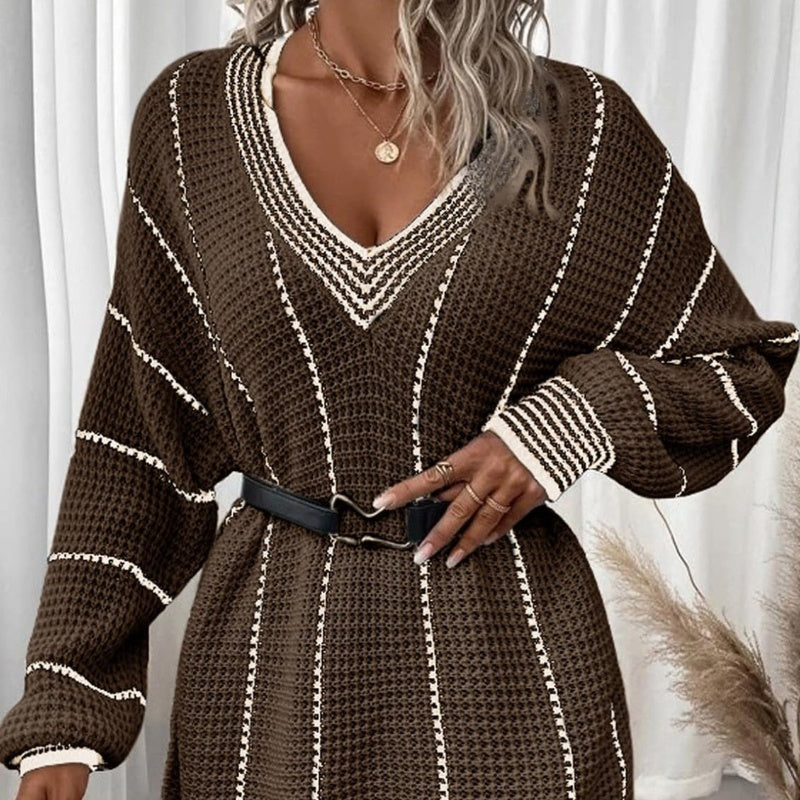 Autumn And Winter Knitted V-neck Striped Sweater