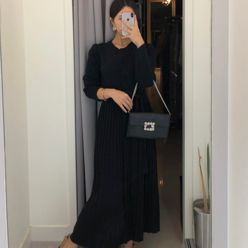 Round neck single-breasted lace-up bow knitted pleated dress