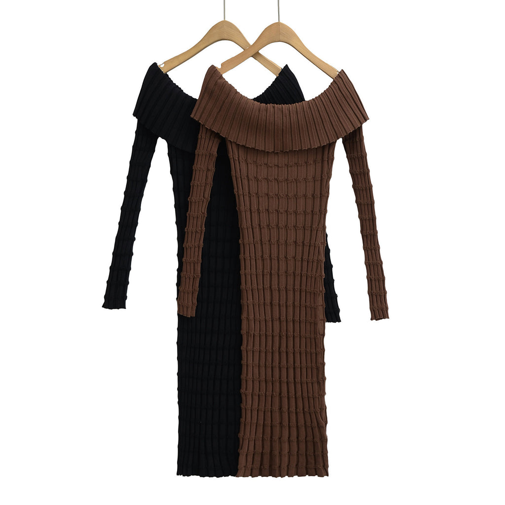 European And American-style Cold-shoulder Bodycon Knitted Dress With High Sense