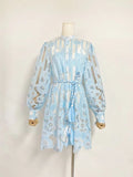 Single-breasted Woven Belt Flower Embroidery Hollow Dress