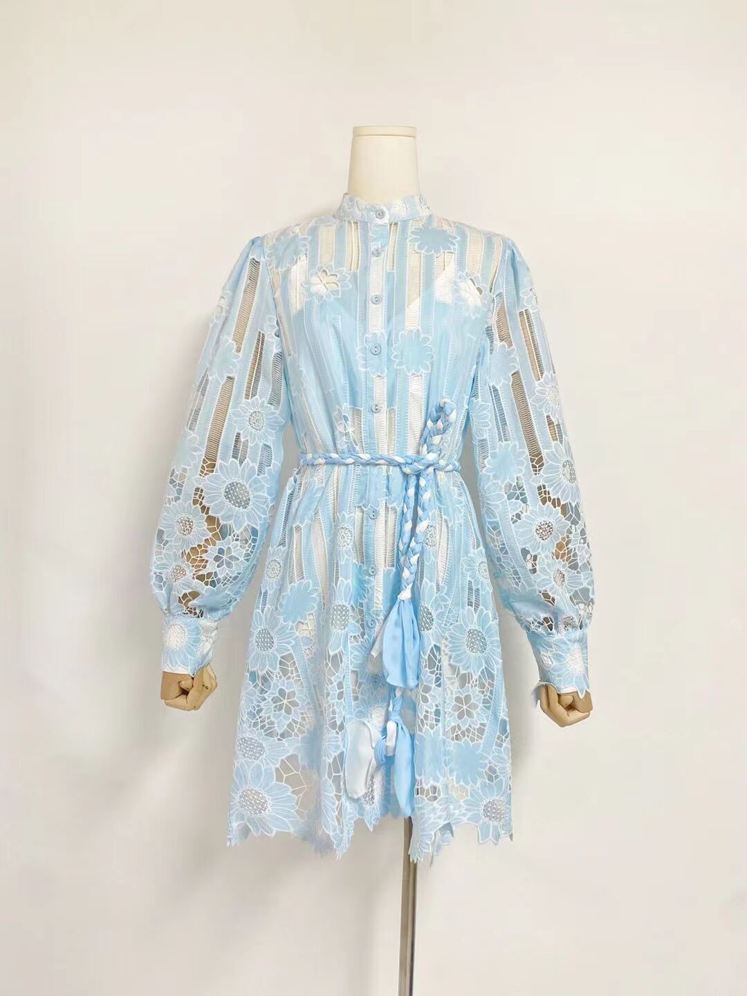 Single-breasted Woven Belt Flower Embroidery Hollow Dress