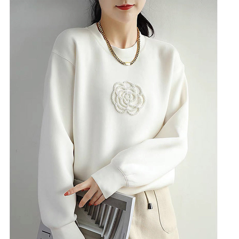 Loose Classic Style Three-dimensional Camellia Round Neck Sweater For Women