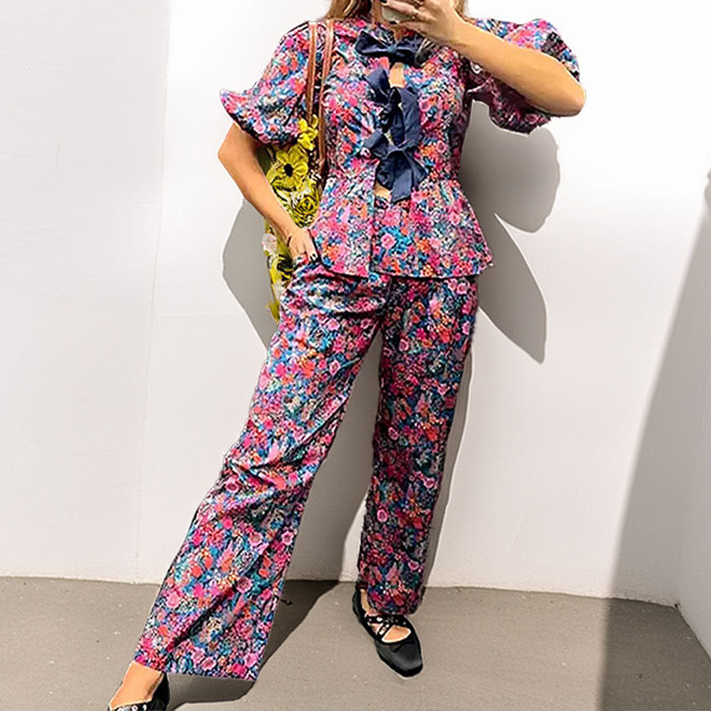 Leisure Floral Tie-neck Long Sleeve Trousers Suit