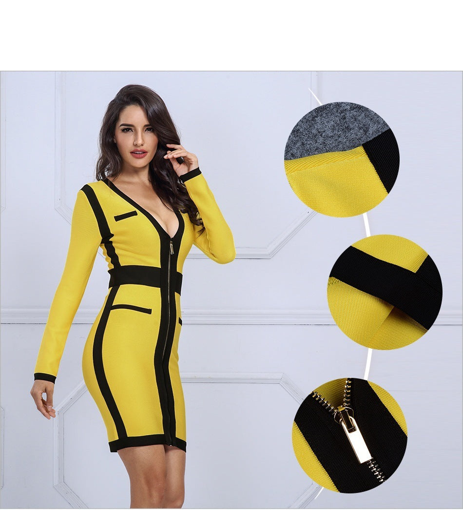 OL Pencil Skirt Contrast Color Deep V-neck Dress