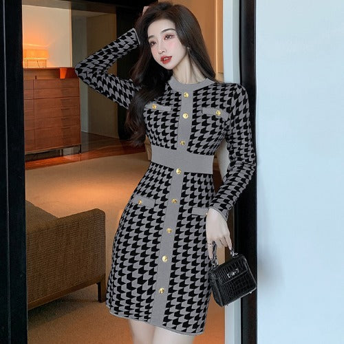 Check Colorblock Single Breasted Knit Pack Hip Dress
